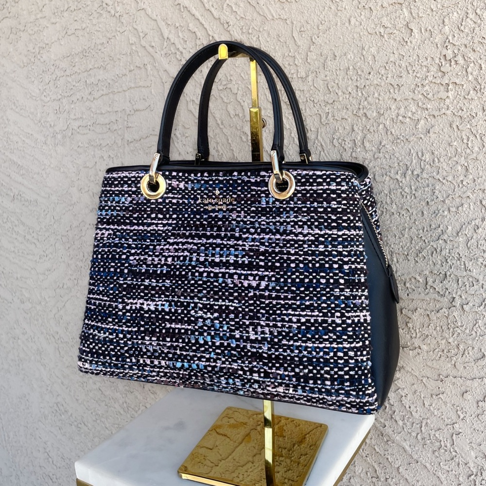 KATE SPADE Black Blue Carey Tweed Leather Multi Compartment Sullivan Satchel Bag